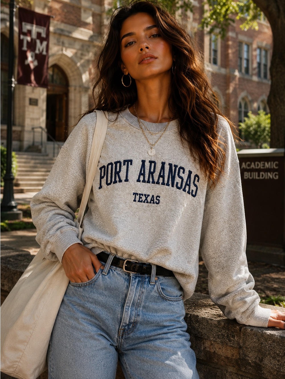 Comfort Colors Gray Crewneck Sweater with Port Aransas Texas Design
